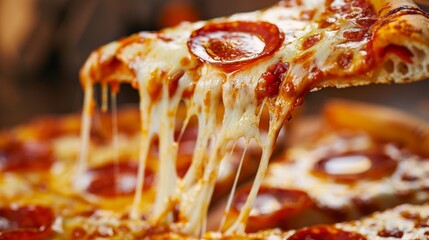 Close-up of a slice of New York-style pizza with gooey cheese, pepperoni, and tomato sauce