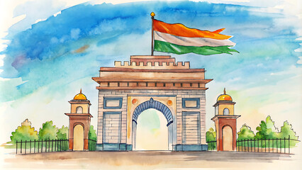 Obraz premium 15th August 76th Independence Day of India on with Tricolor Indian flag, Indian monuments. Happy Day Background Design Vector Illustration, Indian Republic Day Celebration Background