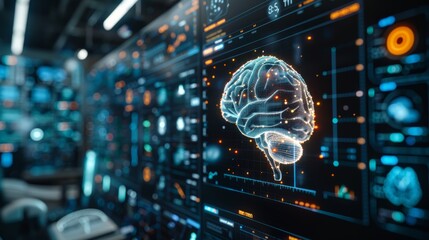 Futuristic digital brain hologram displayed on high-tech screens in a modern laboratory setting, illustrating the concept of artificial intelligence.