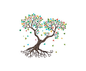 abstract love tree with multicolored heart leaves shaped.