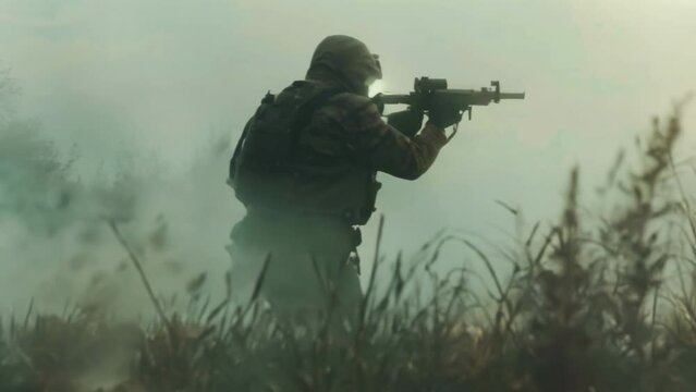 Focused marksman aiming rifle with precision. Sniper in action with clear target. Stealthy shooter in concealment gear. Concentrate expert gunman ready to take the shot on the battlefield in ambush.