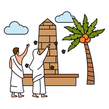 Jamaraat and Haji Stoning of Devil  Concept, Muslim Pilgrims Throw Stones at wall vector icon design, Eid al-Azha or Eid ul Kabir Symbol, Hajj Sign, Muslims religious Festival Stock illustration