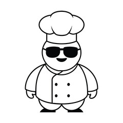 full figure cute happy fat chef in cooking attire wearing sunglasses hat outline cartoon vector