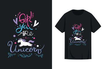 T shirt print design with a motivational quote Girl you are a unicorn. Decorated with doodle flying unicorn animal. Vector illustration