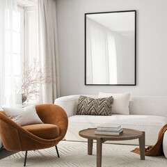 Frame mockup, ISO A paper size. Living room wall poster mockup. Interior mockup with house background. Modern interior design. 3D render
