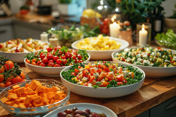 Fototapeta premium Kitchen table overflowing with colorful vegetarian dishes, showcasing fresh, organic ingredients perfect for a dinner party with friends at home