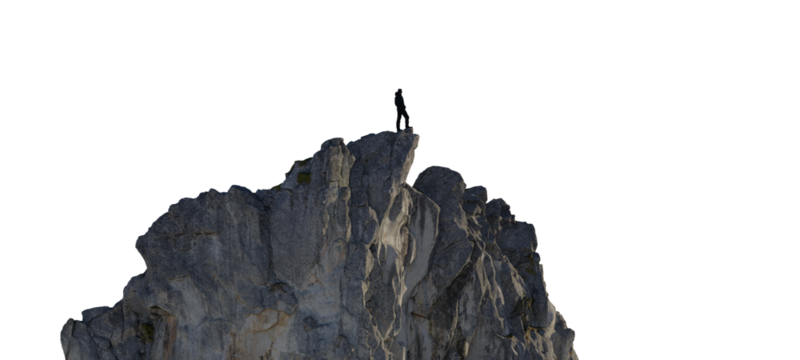 Adventure Man Hiker standing on top of Dramatic Rocky Mountain Peak. PNG Cutout. 3d Rendering