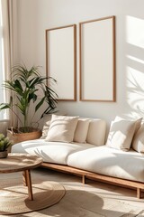 Sunlit modern interior with a cozy couch and empty picture frames.