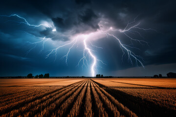 dramatic lightning, lightning strike in rural daytime around bad weather dark sky