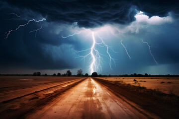 dramatic lightning, lightning strike in rural daytime around bad weather dark sky