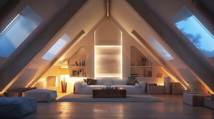 Attic conversion flat design front view attic living space animation Tetradic color scheme