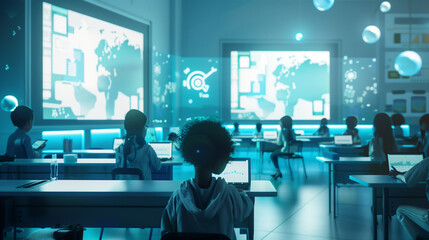 futuristic classroom with blue lighting, digital screens, students using technology