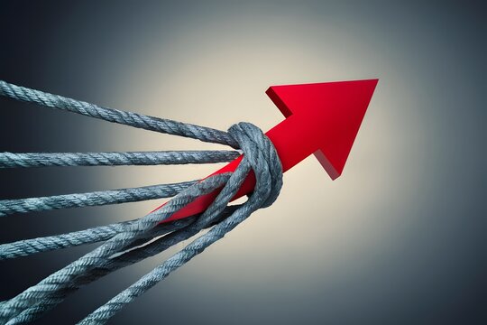 Red arrow intertwined with gray ropes on gradient background symbolizes challenge and resistance