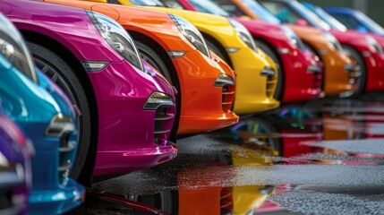 Row of Brightly Colored Luxury Cars. A close-up shot of a row of brightly colored luxury cars, showcasing their vibrant hues and sleek, shiny exteriors.