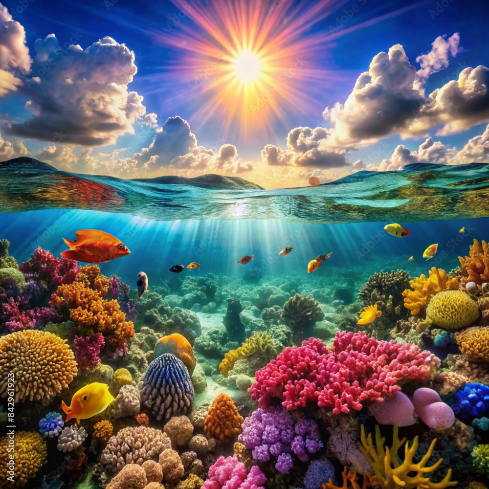 Wall mural tropical coral reef. a coral reef with many different types of corals and tropical fish.