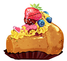 Babà al rum con fragola, cioccolato e perle. Crema pasticcera, cuore rosso e mirtilli. 
San Valentino. Immagine. Disegno. Pasticceria
 napoletana. Dessert. Gioiello goloso. Clip art. Icona. Frutta.
