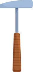 Metal hammer with a wooden handle is standing vertically on a white background
