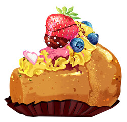 Babà al rum 
con fragola, cioccolato e perle. Crema pasticcera, cuore bianco e mirtilli. 
San Valentino. Immagine. Disegno. Pasticceria napoletana. Dessert. Gioiello goloso. Clip art. Icona. Frutta.
