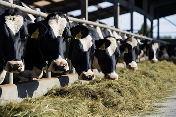 Black and white cows with ear tags feed on green hay in barn