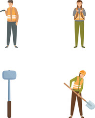 Illustrations of people equipped for an archaeological dig and excavation tools