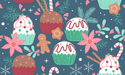 Seamless Christmas and New Year pattern. Sweet cupcake with holiday decoration vector illustration. Winter holiday texture with cookie and cake, heart and flower, candy cane and Christmas decoration