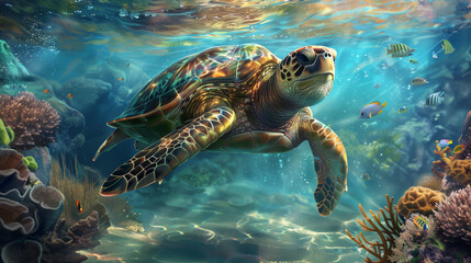 A turtle swimming in the ocean with fish swimming around it