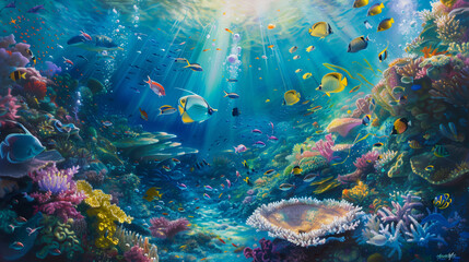 A beautiful underwater scene with a variety of fish swimming in the water. The sun is shining brightly, creating a warm and inviting atmosphere. The fish are of different colors and sizes