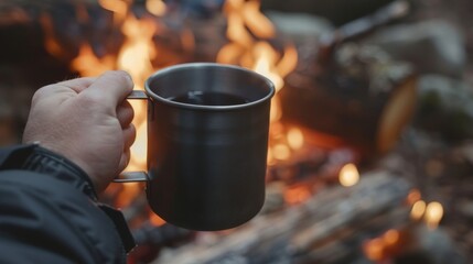 Hiker holding metal cup of hot drink near campfire