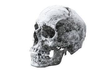 Obraz premium 3D rendered human skull with geometric wireframe overlay. High-resolution illustration for medical, scientific, and educational purposes.