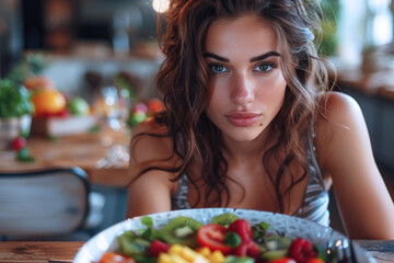 Hispanic woman looks sad and hopeless about the diet program, healthy food