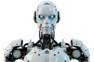 Fototapeta premium Futuristic humanoid robot with glowing blue eyes, showcasing advanced technology and artificial intelligence.