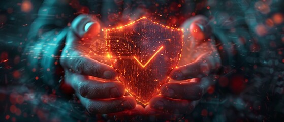 Hands around digital shield, checkmark, futuristic design, glowing light, cyber security concept, laptop, dark setting 8K , high-resolution, ultra HD,up32K HD