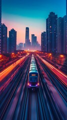 Obraz premium City with highspeed trains, sunrise, digital network lines, tall buildings, motion blur, futuristic atmosphere, vibrant hues 8K , high-resolution, ultra HD,up32K HD