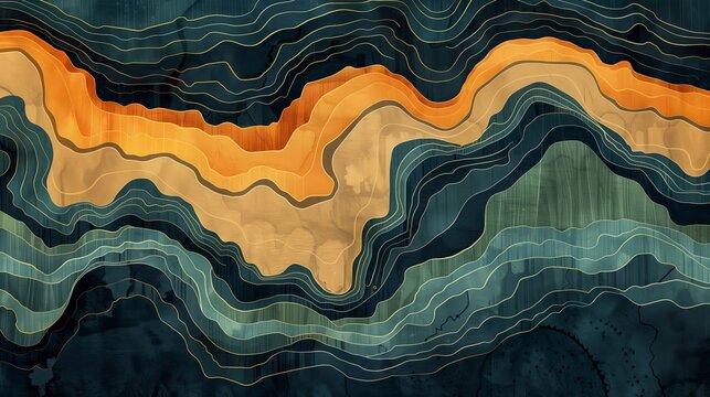 A topographic map with a bold black lines, organic shapes, and soft watercolor elements in a simple flat 2D style.