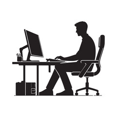 A person is sitting and operating a computer silhouette vector art illustration.