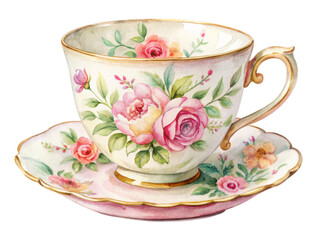 Fototapeta premium Floral teacup with saucer, featuring a delicate watercolor illustration of flowers and leaves, isolated on transparent background, png.