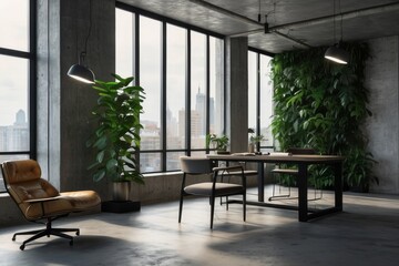 A modern office space with large windows overlooking a city skyline. The room features a desk, chairs, and plants