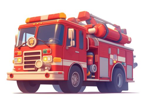 Fire truck in cartoon style, fire department, fire truck on transparent background. Tool used by firefighters to put out fires. Graphic resources