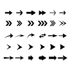 Arrows set. Arrow of different shapes, linear symbols collection. Arrows set of 30 black icons. Arrow flat style isolated on white background. 