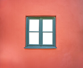 green window on a red wall, mockup