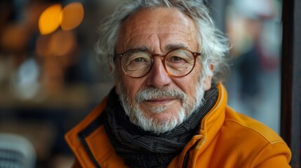 An elegant senior man with glasses and a gray beard sits thoughtfully in a café with a reflective expression