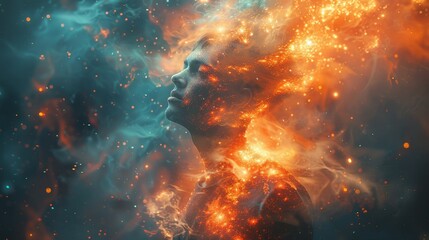 A 3D cube hovers over an abstract background of fiery orange and cool blue energy flows, suggesting contrast and balance