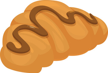 Golden brown croissant is laying on its side with chocolate syrup drizzled on top