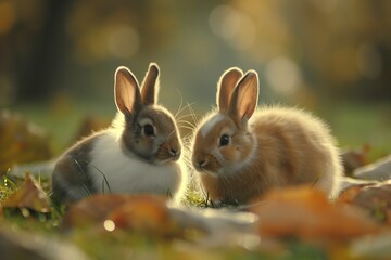 Two cute rabbits hugging in the middle of an empty field, with a warm background and beige tones. There is a natural light bokeh effect and natural lighting, and the overall mood is happy and joyful.