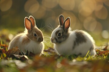 Obraz premium Two cute rabbits hugging in the middle of an empty field, with a warm background and beige tones. There is a natural light bokeh effect and natural lighting, and the overall mood is happy and joyful.