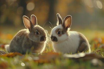 Fototapeta premium Two cute rabbits hugging in the middle of an empty field, with a warm background and beige tones. There is a natural light bokeh effect and natural lighting, and the overall mood is happy and joyful.