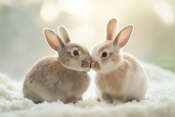 Obraz premium Two cute rabbits hugging in the middle of an empty field, with a warm background and beige tones. There is a natural light bokeh effect and natural lighting, and the overall mood is happy and joyful.