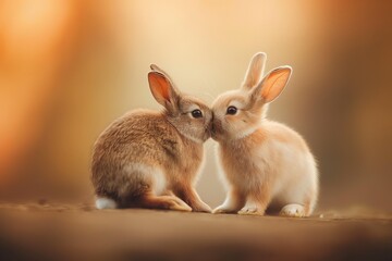 Obraz premium Two cute rabbits hugging in the middle of an empty field, with a warm background and beige tones. There is a natural light bokeh effect and natural lighting, and the overall mood is happy and joyful.