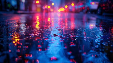 A vibrant urban scene captured on a rainy night with colorful street reflections on wet pavement