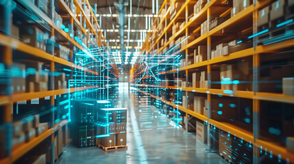 futuristic warehouse with digital data flowing between shelves and boxes, representing the integration of technology in product management for ecommerce supplies